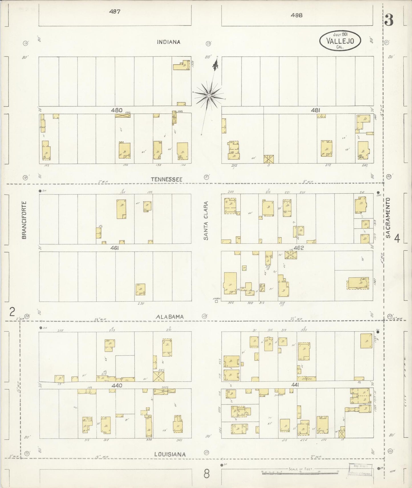 Sanborn Fire Insurance Map from Vallejo, Solano County, California (1901), Sheet #0003 - Complete Map Set gallery image, historic Sanborn map, vintage wall art, California California