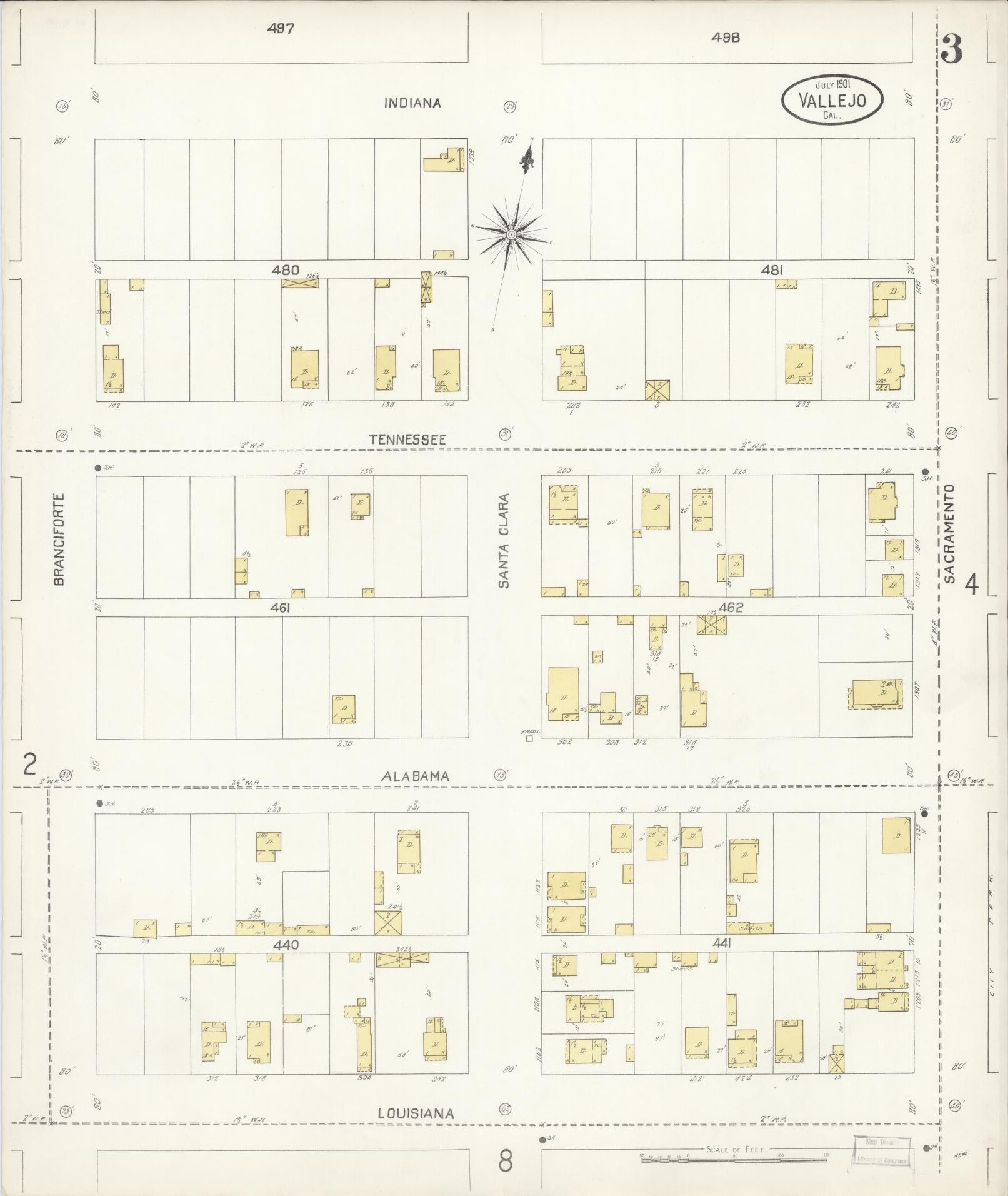 Sanborn Fire Insurance Map from Vallejo, Solano County, California (1901), Sheet #0003 - Complete Map Set gallery image, historic Sanborn map, vintage wall art, California California