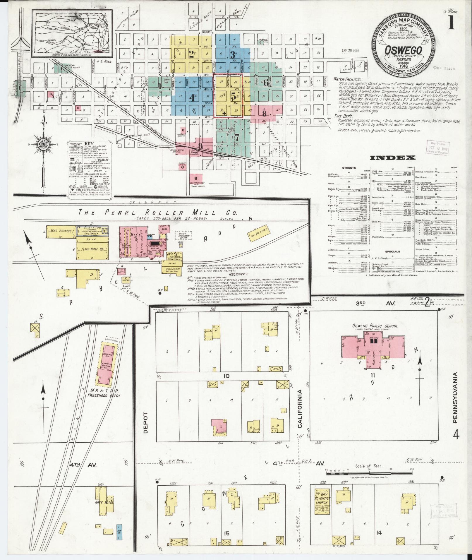 Sanborn Fire Insurance Map from Oswego, Labette County, Kansas (1918), Sheet #0001 - Historic Sanborn Fire Insurance Map Print, vintage old map wall art, antique decor, genealogy gift, Kansas Kansas map
