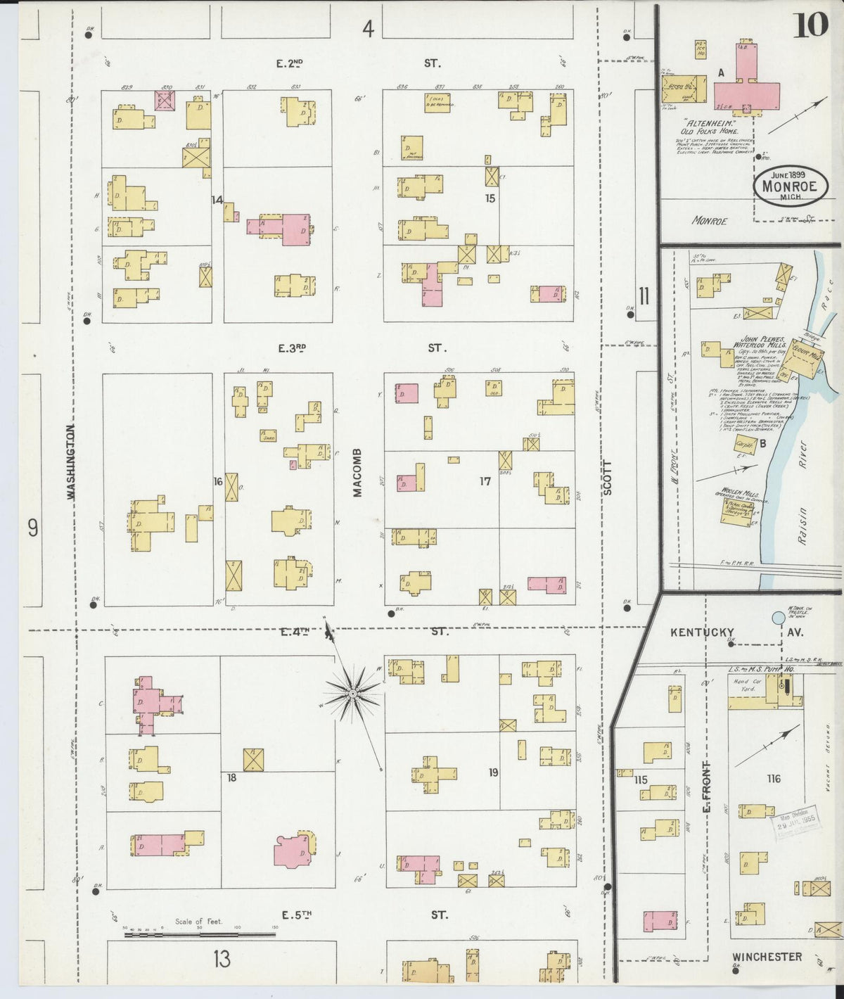 Sanborn Fire Insurance Map from Monroe, Monroe County, Michigan (1899), Sheet #0010 - Historic Sanborn Fire Insurance Map Print, vintage old map wall art, antique decor, genealogy gift, Michigan Michigan map