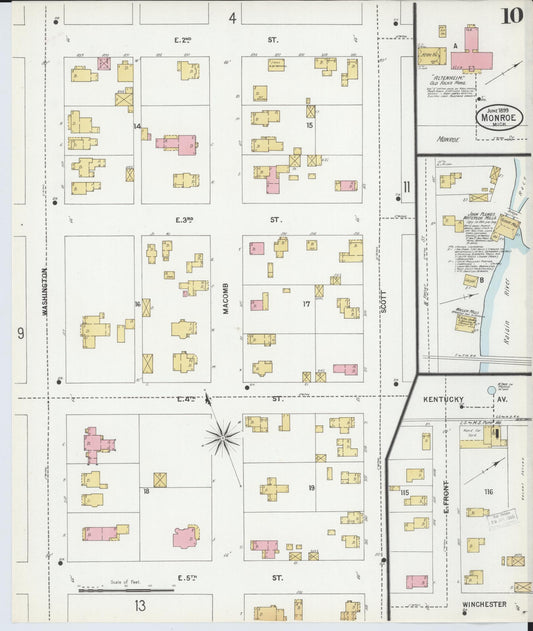 Sanborn Fire Insurance Map from Monroe, Monroe County, Michigan (1899), Sheet #0010 - Historic Sanborn Fire Insurance Map Print, vintage old map wall art, antique decor, genealogy gift, Michigan Michigan map