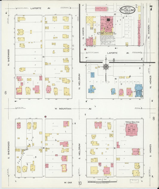 Sanborn Fire Insurance Map from Fort Collins, Larimer County, Colorado (1917), Sheet #0007 - Historic Sanborn Fire Insurance Map Print, vintage old map wall art, antique decor, genealogy gift, Colorado Colorado map