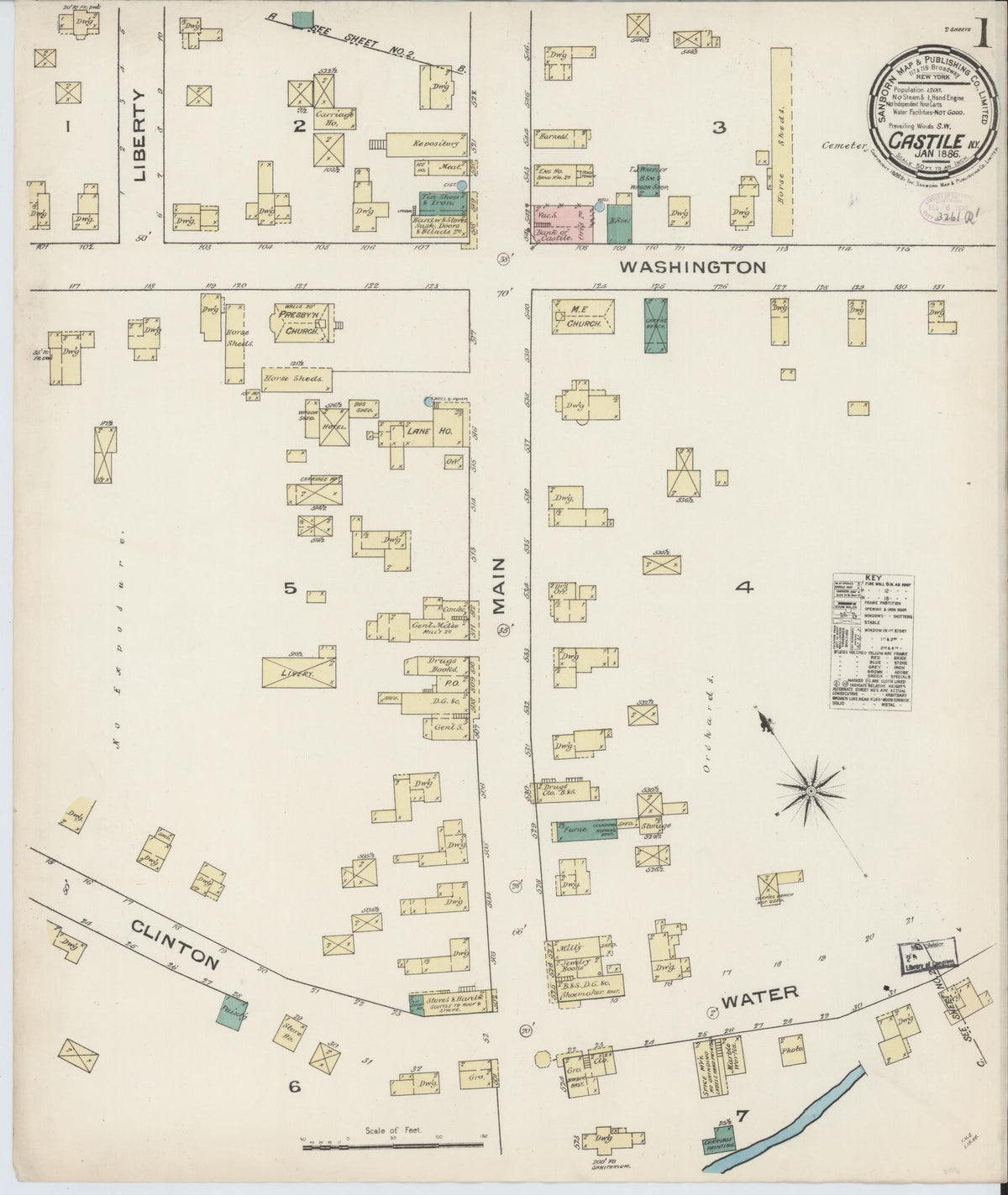 Sanborn Fire Insurance Map from Castile, Wyoming County, New York (1886), Sheet #0001 - Historic Sanborn Fire Insurance Map Print, vintage old map wall art, antique decor, genealogy gift, Castile Wyoming map