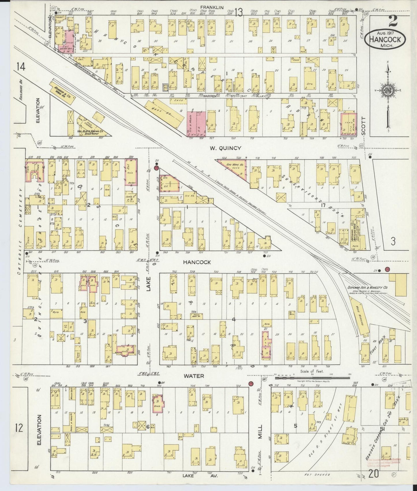 Sanborn Fire Insurance Map from Hancock, Houghton County, Michigan (1917), Sheet #0002 - Complete Map Set gallery image, historic Sanborn map, vintage wall art, Michigan Michigan