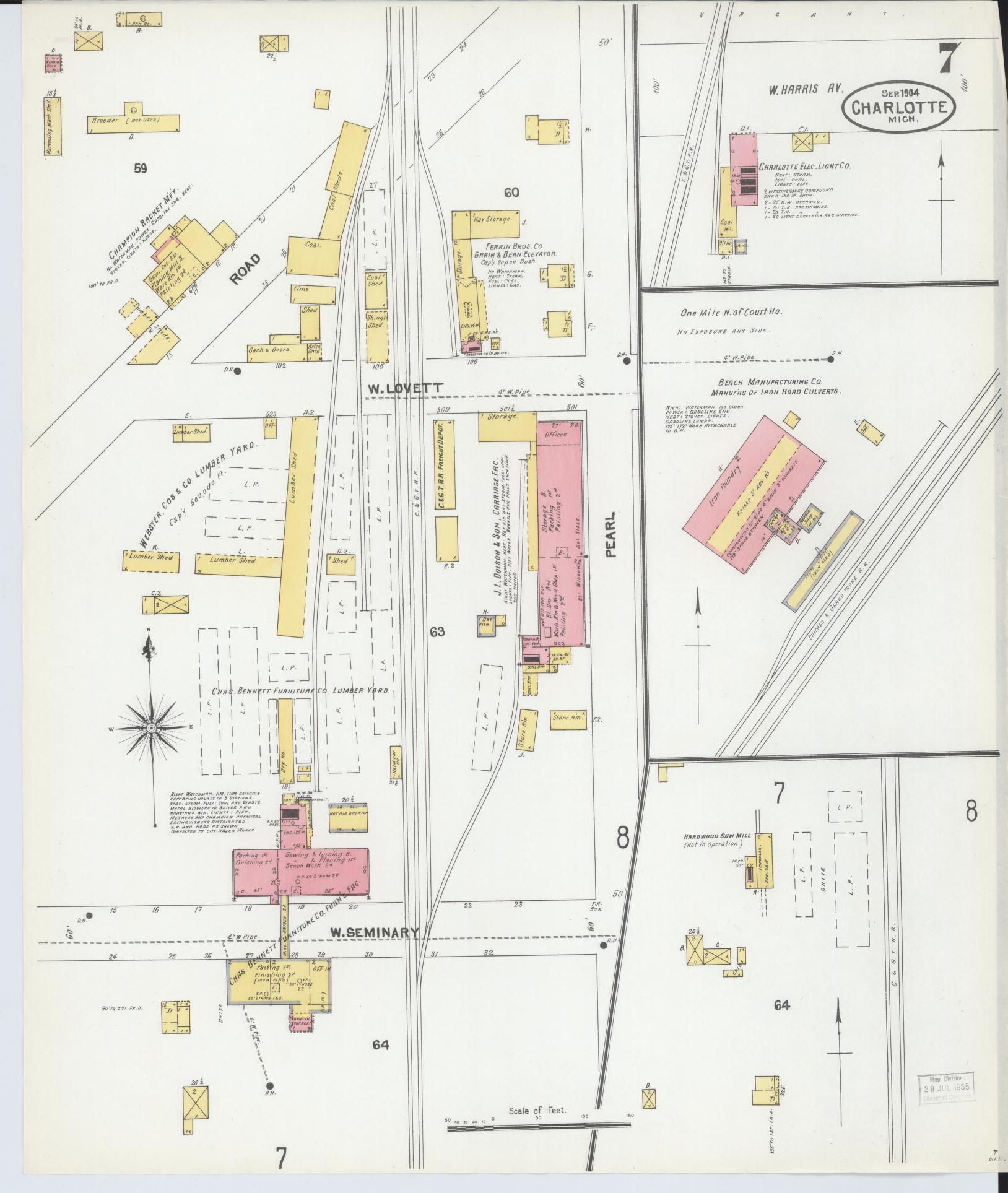 Sanborn Fire Insurance Map from Charlotte, Eaton County, Michigan (1904), Sheet #0007 - Complete Map Set gallery image, historic Sanborn map, vintage wall art, Michigan Michigan