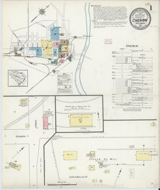 Sanborn Fire Insurance Map from Cheraw, Chesterfield County, South Carolina (1914), Sheet #0001 - Complete Map Set gallery image, historic Sanborn map, vintage wall art, South Carolina South Carolina