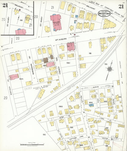 Sanborn Fire Insurance Map from Watertown, Middlesex County, Massachusetts (1923), Sheet #0021 - Complete Map Set gallery image, historic Sanborn map, vintage wall art, Massachusetts Massachusetts