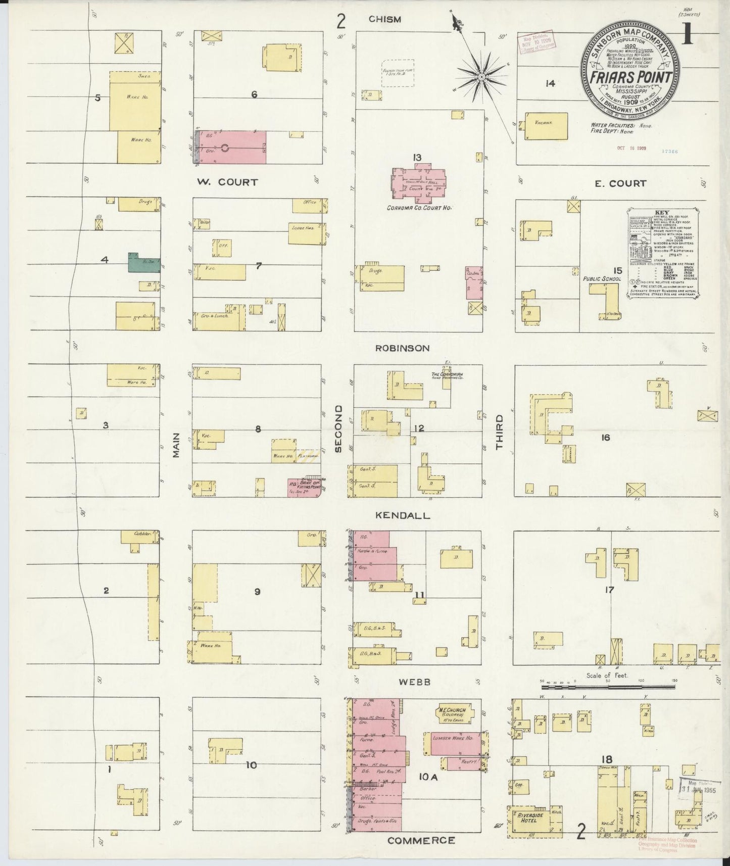 Sanborn Fire Insurance Map from Friars Point, Coahoma County, Mississippi (1909), Sheet #0001 - Complete Map Set gallery image, historic Sanborn map, vintage wall art, Mississippi Mississippi