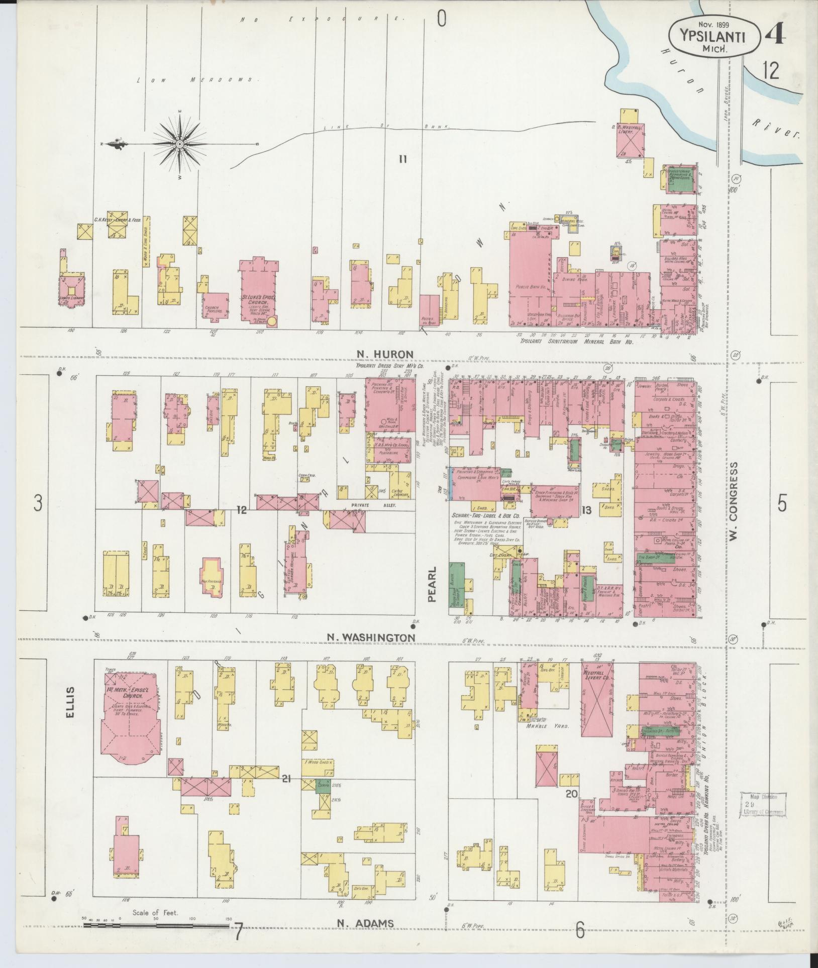 Sanborn Fire Insurance Map from Ypsilanti, Washtenaw County, Michigan (1899), Sheet #0004 - Complete Map Set gallery image, historic Sanborn map, vintage wall art, Michigan Michigan