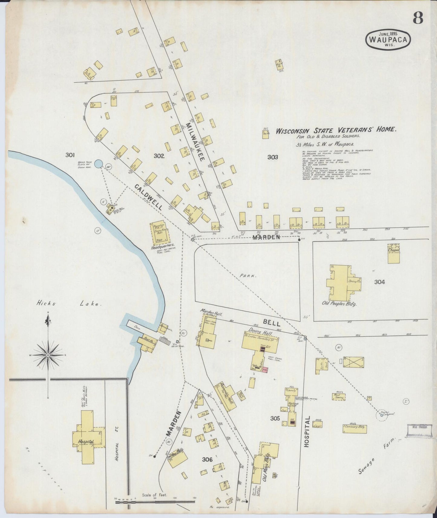 Sanborn Fire Insurance Map from Waupaca, Waupaca County, Wisconsin (1895), Sheet #0008 - Historic Sanborn Fire Insurance Map Print, vintage old map wall art, antique decor, genealogy gift, Wisconsin Wisconsin map
