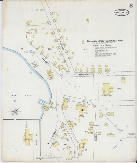 Sanborn Fire Insurance Map from Waupaca, Waupaca County, Wisconsin (1895), Sheet #0008 - Historic Sanborn Fire Insurance Map Print, vintage old map wall art, antique decor, genealogy gift, Wisconsin Wisconsin map