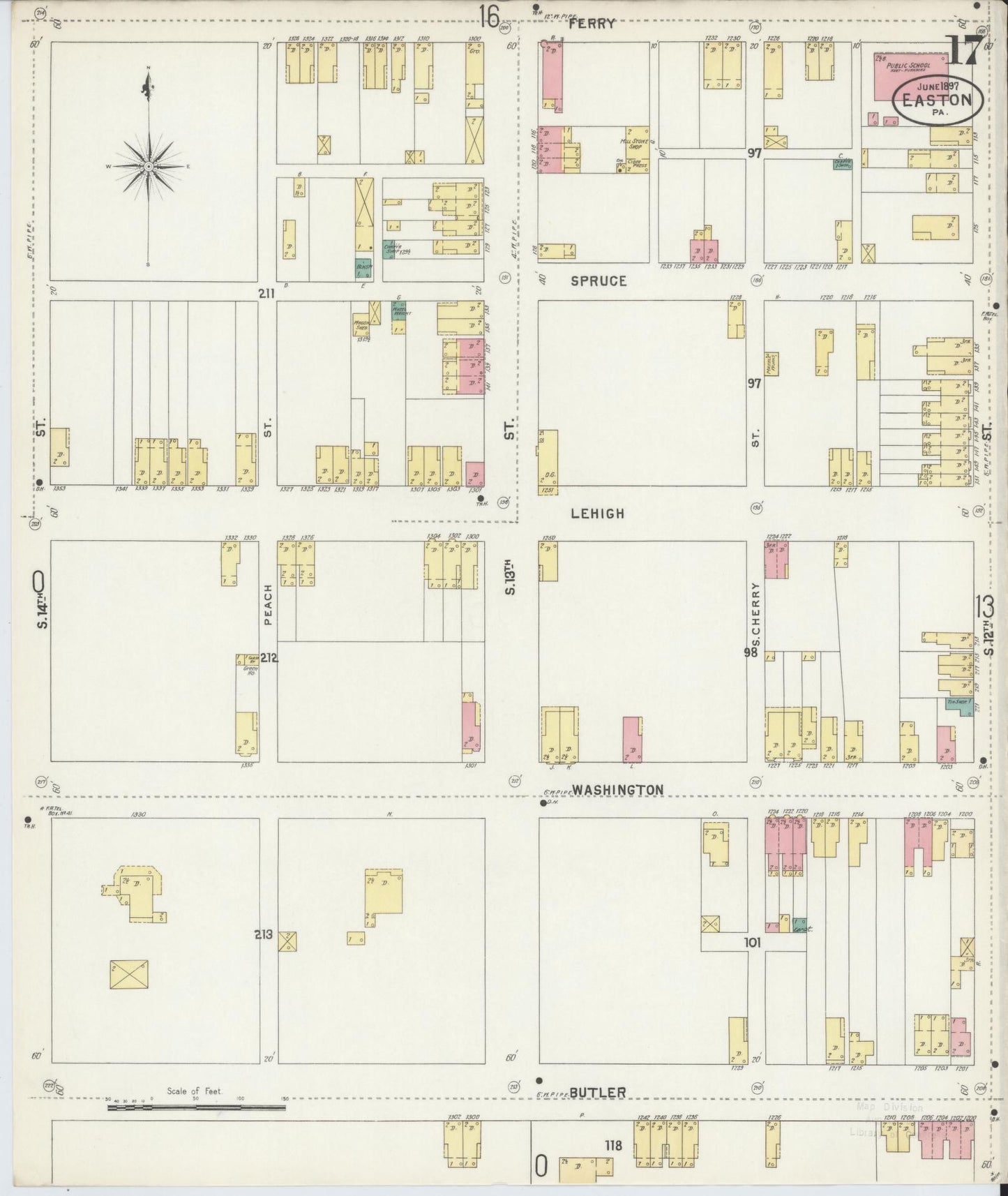 Sanborn Fire Insurance Map from Easton, Northampton County, Pennsylvania (1897), Sheet #0017 - Historic Sanborn Fire Insurance Map Print, vintage old map wall art, antique decor, genealogy gift, Pennsylvania Pennsylvania map