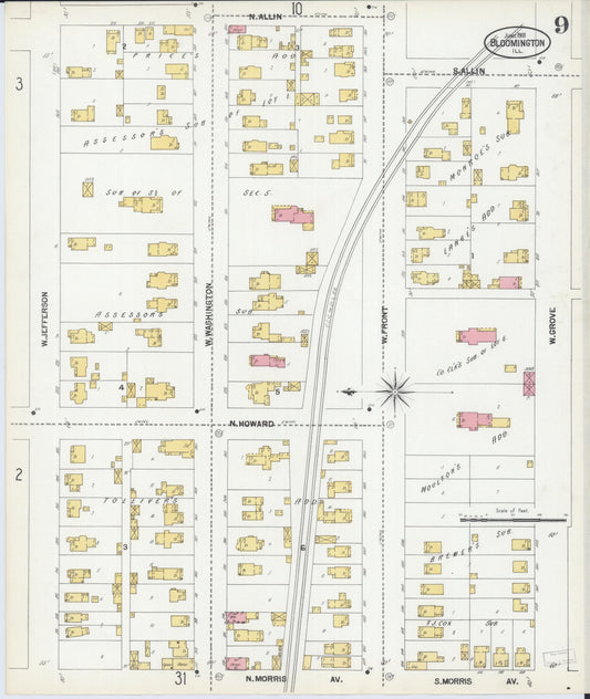 Sanborn Fire Insurance Map from Bloomington, McLean County, Illinois (1901), Sheet #0009 - Historic Sanborn Fire Insurance Map Print, vintage old map wall art, antique decor, genealogy gift, Illinois Illinois map