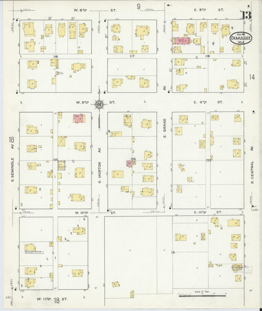 Sanborn Fire Insurance Map from Okmulgee, Okmulgee County, Oklahoma (1916), Sheet #0013 - Historic Sanborn Fire Insurance Map Print, vintage old map wall art, antique decor, genealogy gift, Oklahoma Oklahoma map