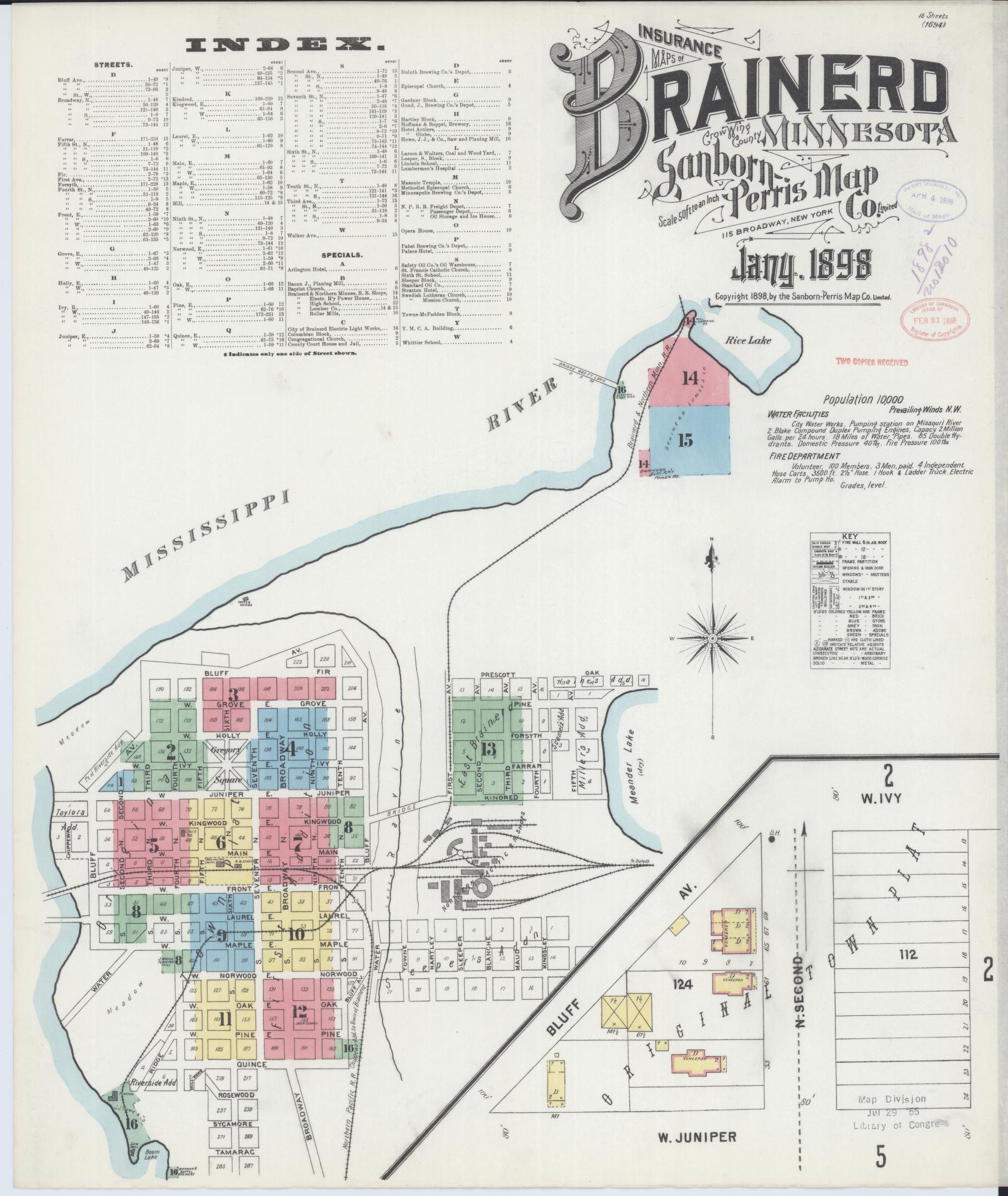 Sanborn Fire Insurance Map from Brainerd, Crow Wing County, Minnesota (1898), Sheet #0001 - Complete Map Set gallery image, historic Sanborn map, vintage wall art, Minnesota Minnesota