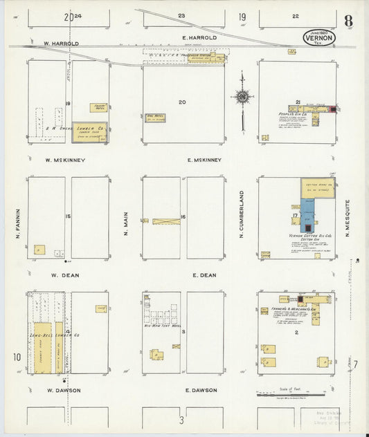 Sanborn Fire Insurance Map from Vernon, Wilbarger County, Texas (1920), Sheet #0008 - Historic Sanborn Fire Insurance Map Print, vintage old map wall art, antique decor, genealogy gift, Texas Texas map