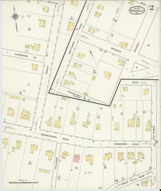 Sanborn Fire Insurance Map from Rockville, Montgomery County, Maryland (1915), Sheet #0002 - Historic Sanborn Fire Insurance Map Print, vintage old map wall art, antique decor, genealogy gift, Maryland Maryland map