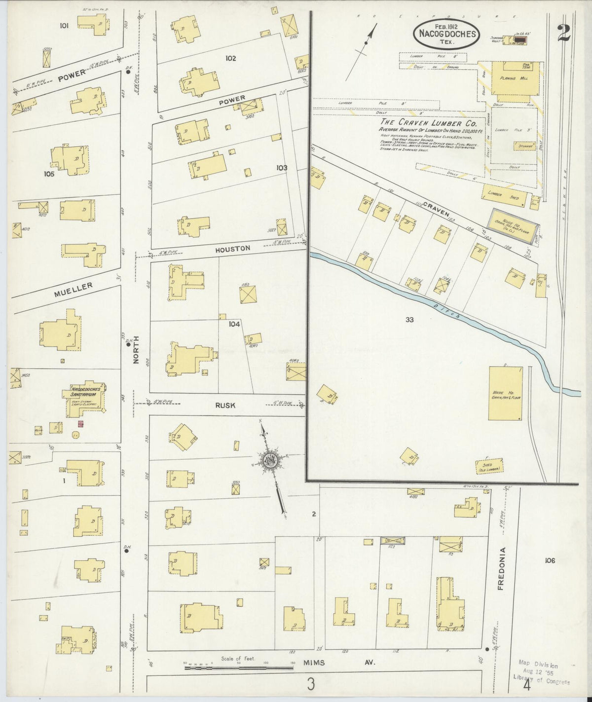 Sanborn Fire Insurance Map from Nacogdoches, Nacogdoches County, Texas (1912), Sheet #0002 - Historic Sanborn Fire Insurance Map Print, vintage old map wall art, antique decor, genealogy gift, Texas Texas map