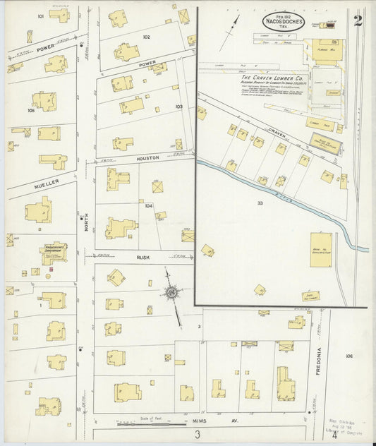 Sanborn Fire Insurance Map from Nacogdoches, Nacogdoches County, Texas (1912), Sheet #0002 - Historic Sanborn Fire Insurance Map Print, vintage old map wall art, antique decor, genealogy gift, Texas Texas map