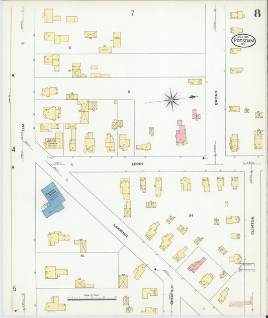 Sanborn Fire Insurance Map from Potsdam, St. Lawrence County, New York (1909), Sheet #0008 - Historic Sanborn Fire Insurance Map Print, vintage old map wall art, antique decor, genealogy gift, New York New York map
