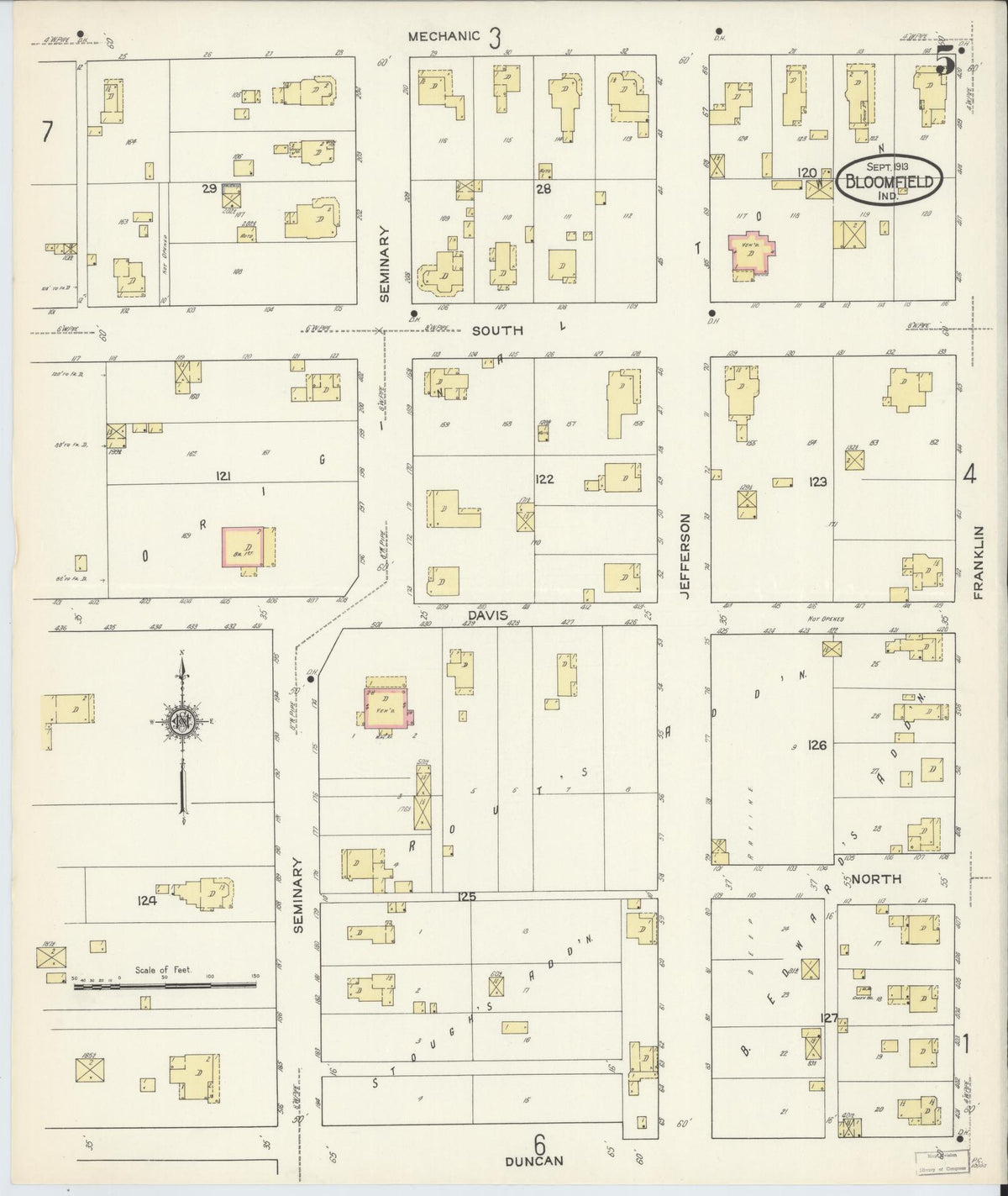 Sanborn Fire Insurance Map from Bloomfield, Greene County, Indiana (1913), Sheet #0005 - Historic Sanborn Fire Insurance Map Print, vintage old map wall art, antique decor, genealogy gift, Indiana Indiana map