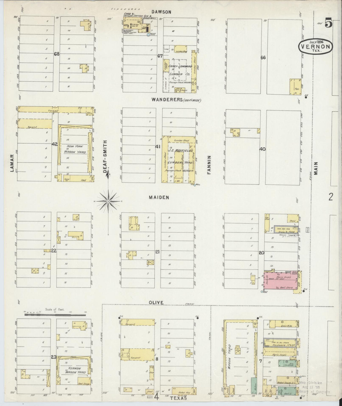 Sanborn Fire Insurance Map from Vernon, Wilbarger County, Texas (1896), Sheet #0005 - Complete Map Set gallery image, historic Sanborn map, vintage wall art, Texas Texas
