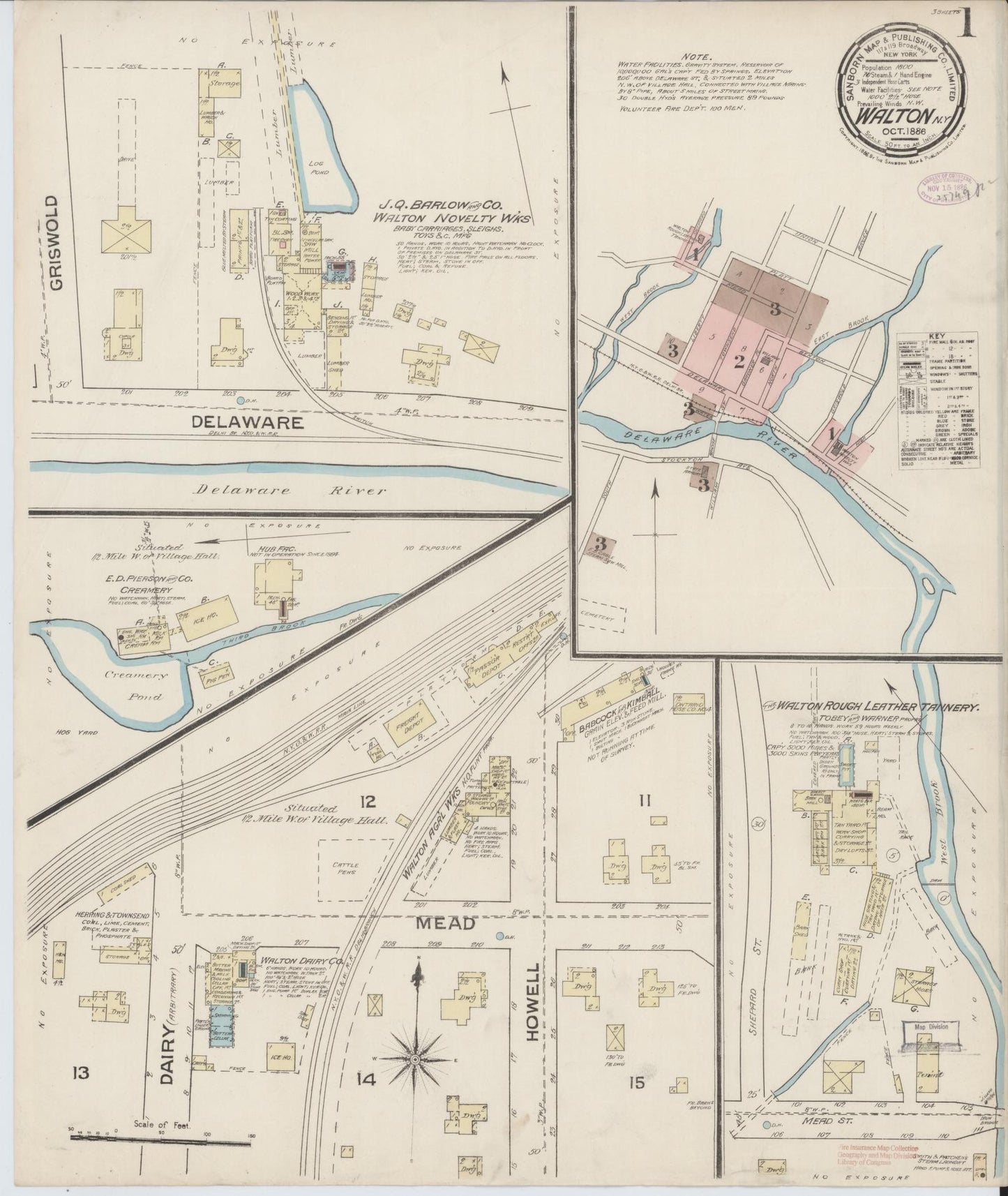 Sanborn Fire Insurance Map from Walton, Delaware County, New York (1886), Sheet #0001 - Complete Map Set gallery image, historic Sanborn map, vintage wall art, Walton Delaware