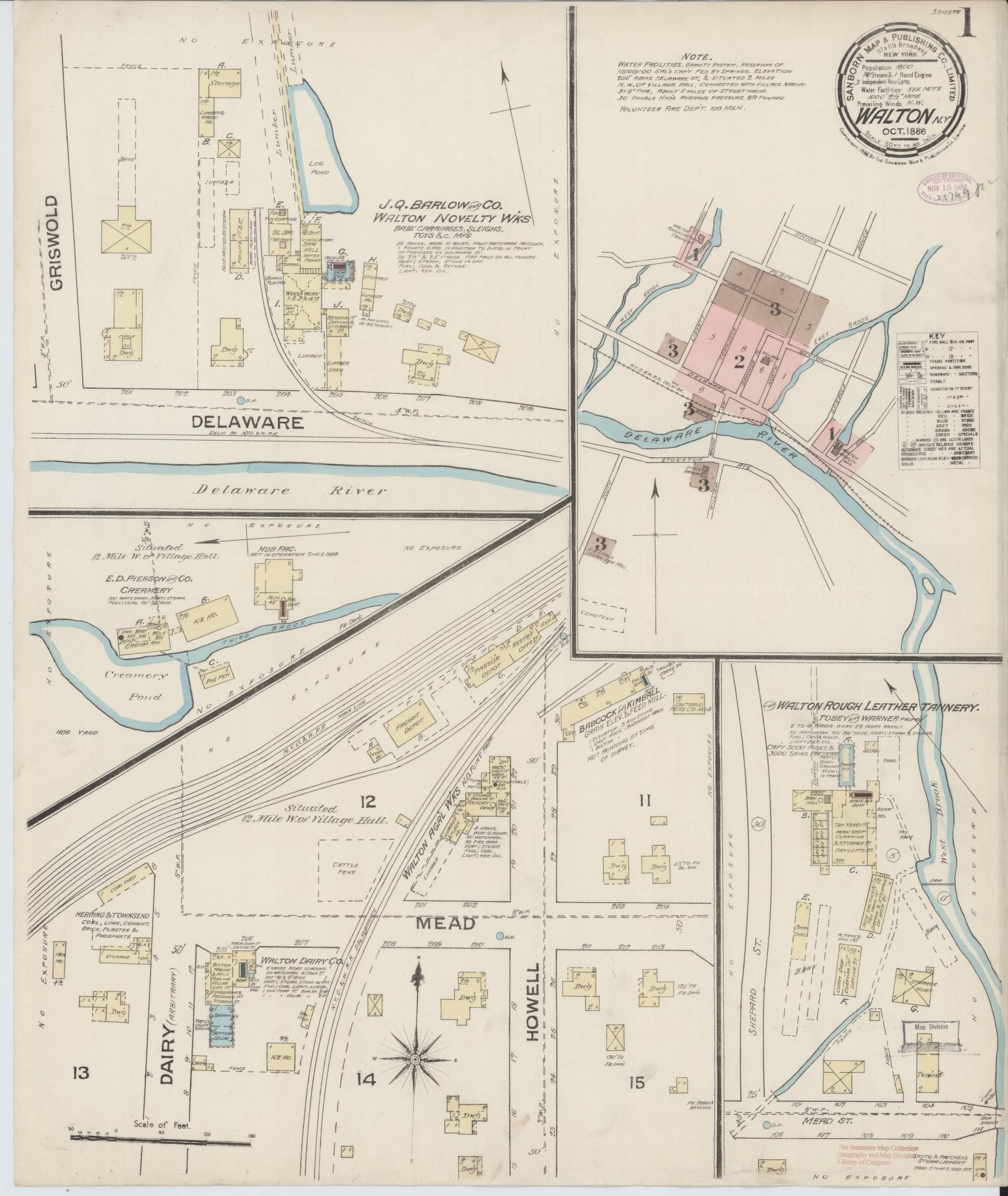 Sanborn Fire Insurance Map from Walton, Delaware County, New York (1886), Sheet #0001 - Complete Map Set gallery image, historic Sanborn map, vintage wall art, Walton Delaware