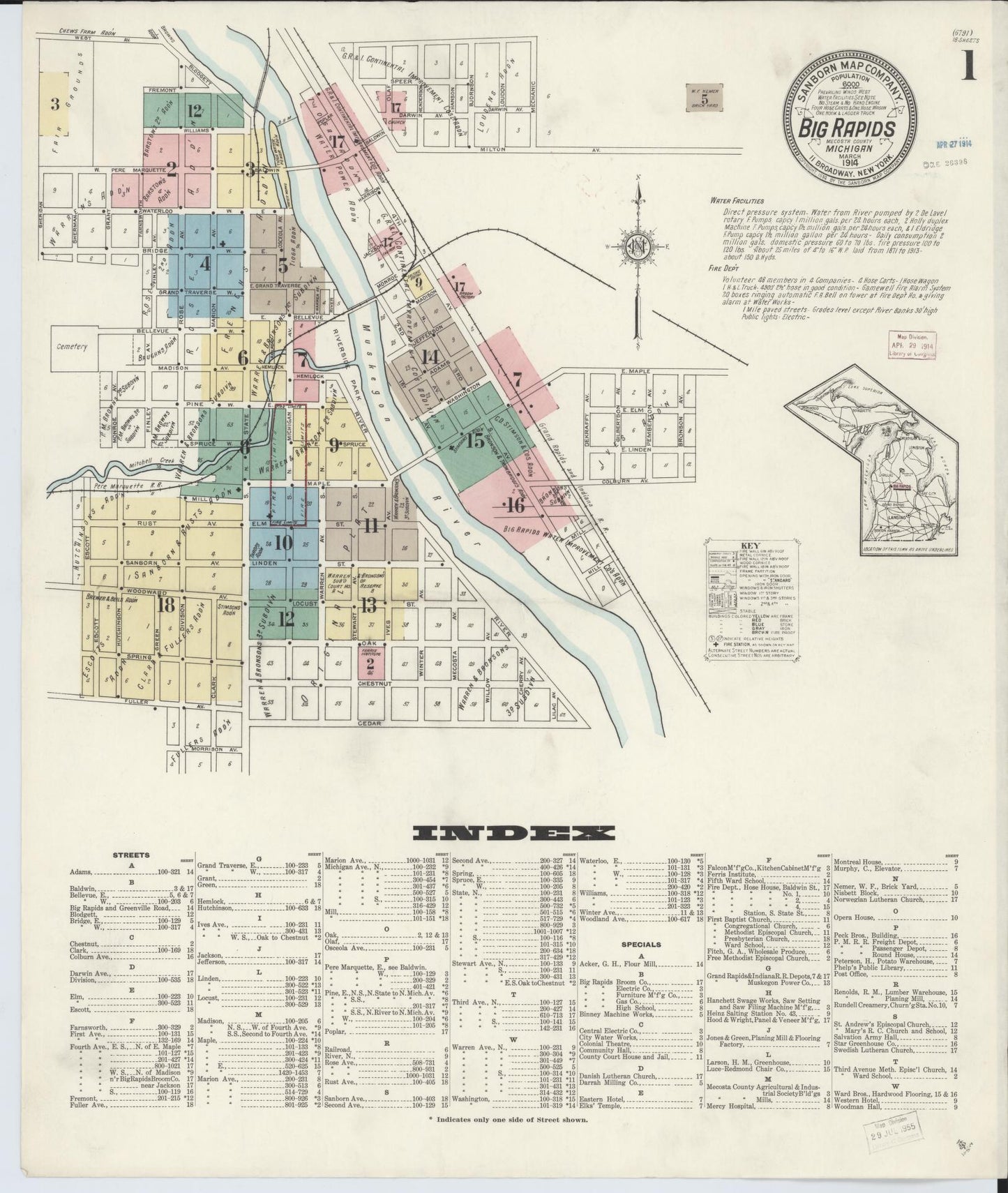 Sanborn Fire Insurance Map from Big Rapids, Mecosta County, Michigan (1914), Sheet #0001 - Complete Map Set gallery image, historic Sanborn map, vintage wall art, Michigan Michigan