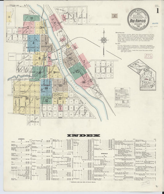 Sanborn Fire Insurance Map from Big Rapids, Mecosta County, Michigan (1914), Sheet #0001 - Complete Map Set gallery image, historic Sanborn map, vintage wall art, Michigan Michigan