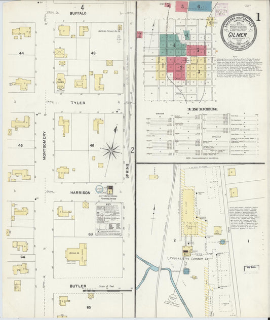 Sanborn Fire Insurance Map from Gilmer, Upshur County, Texas (1907), Sheet #0001 - Complete Map Set gallery image, historic Sanborn map, vintage wall art, Texas Texas