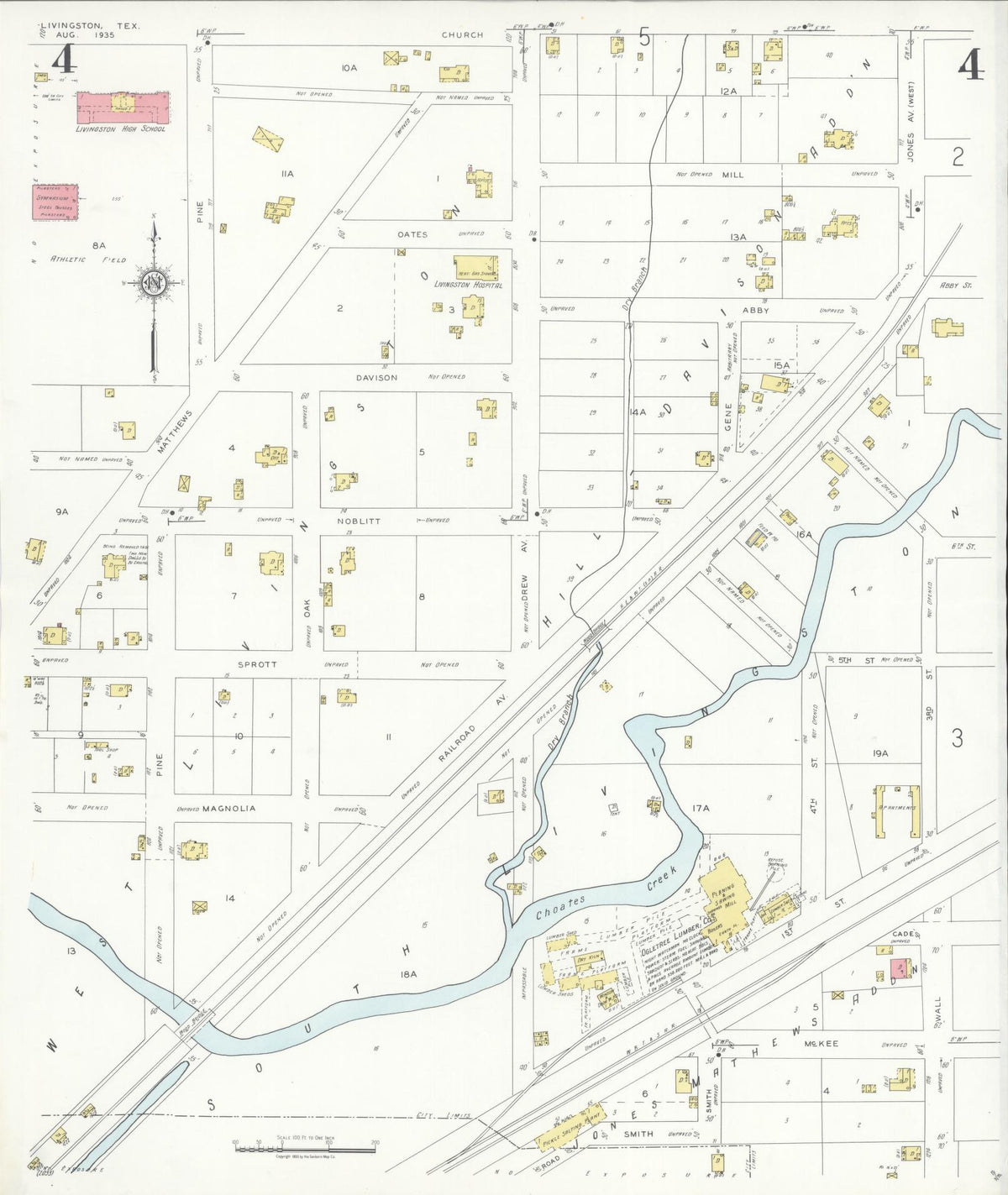 Sanborn Fire Insurance Map from Livingston, Polk County, Texas (1935), Sheet #0004 - Complete Map Set gallery image, historic Sanborn map, vintage wall art, Texas Texas