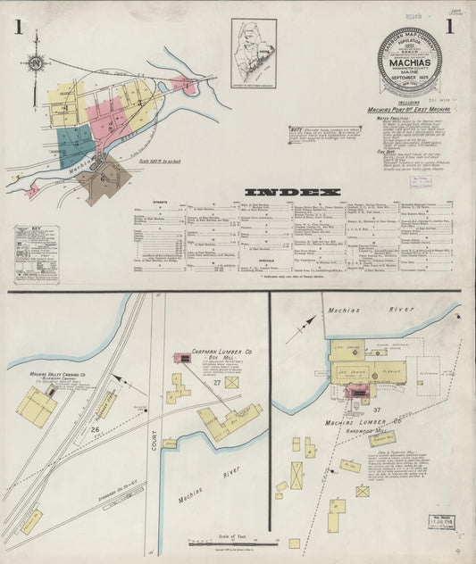 Sanborn Fire Insurance Map from Machias, Washington County, Maine (1925), Sheet #0001 - Historic Sanborn Fire Insurance Map Print, vintage old map wall art, antique decor, genealogy gift, Maine Maine map