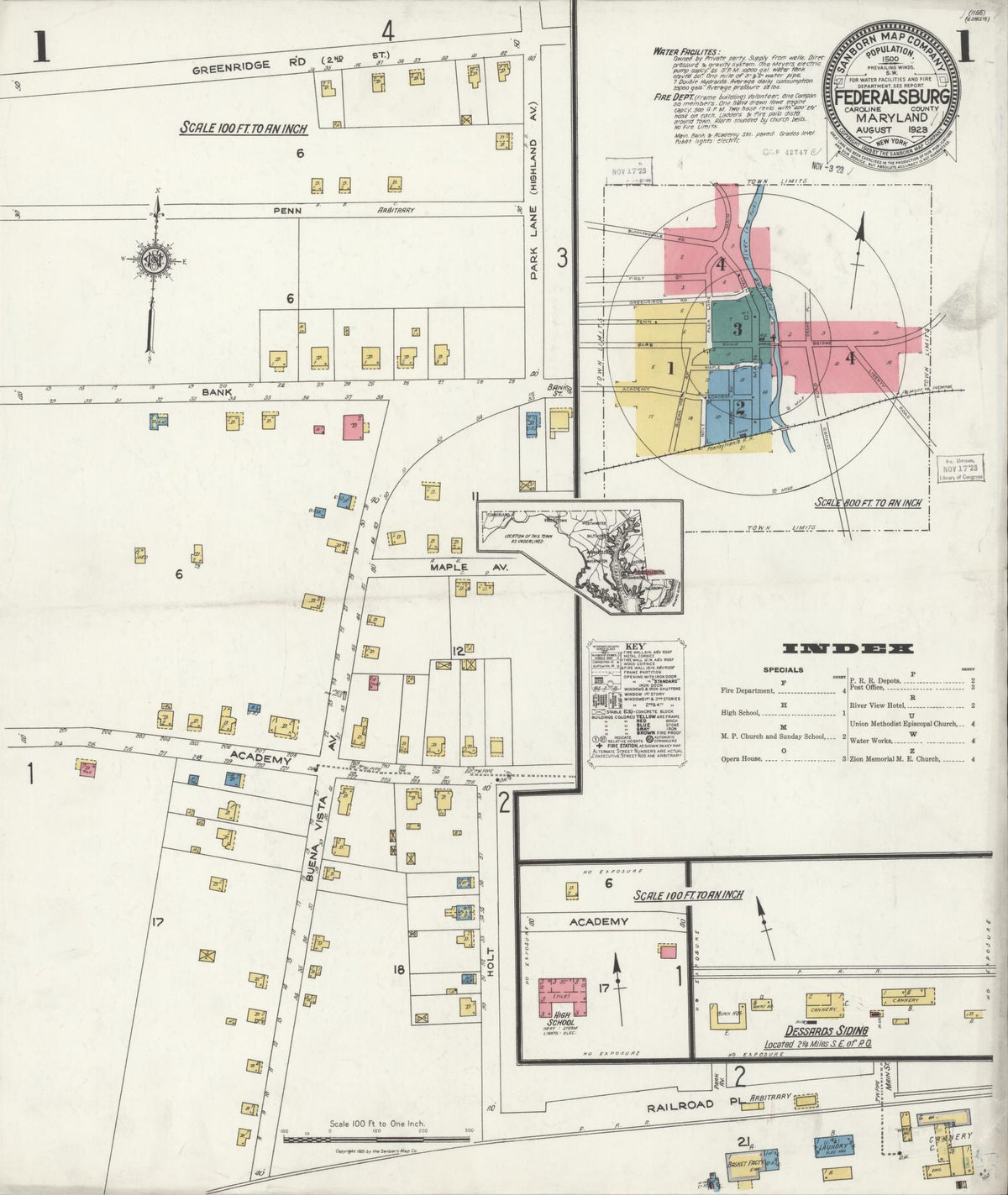 Sanborn Fire Insurance Map from Federalsburg, Caroline County, Maryland (1923), Sheet #0001 - Historic Sanborn Fire Insurance Map Print, vintage old map wall art, antique decor, genealogy gift, Maryland Maryland map
