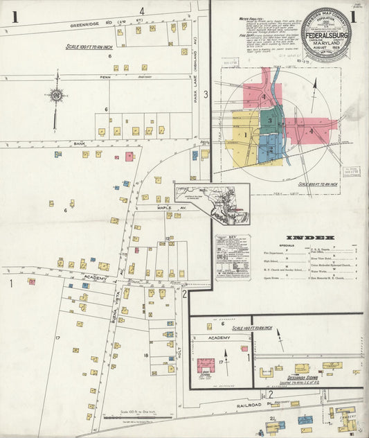 Sanborn Fire Insurance Map from Federalsburg, Caroline County, Maryland (1923), Sheet #0001 - Historic Sanborn Fire Insurance Map Print, vintage old map wall art, antique decor, genealogy gift, Maryland Maryland map