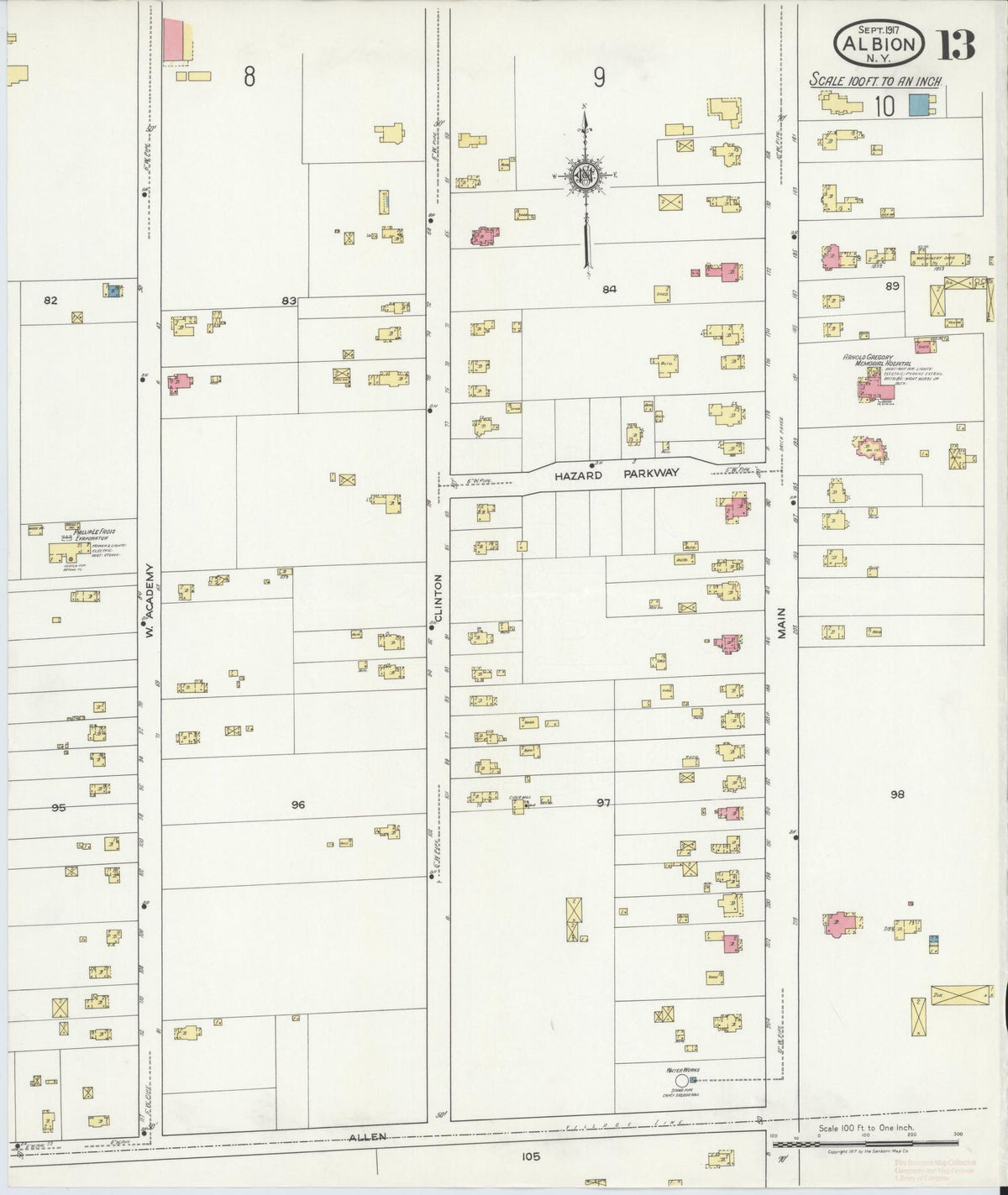 Sanborn Fire Insurance Map from Albion, Orleans County, New York (1917), Sheet #0013 - Complete Map Set gallery image, historic Sanborn map, vintage wall art, New York New York