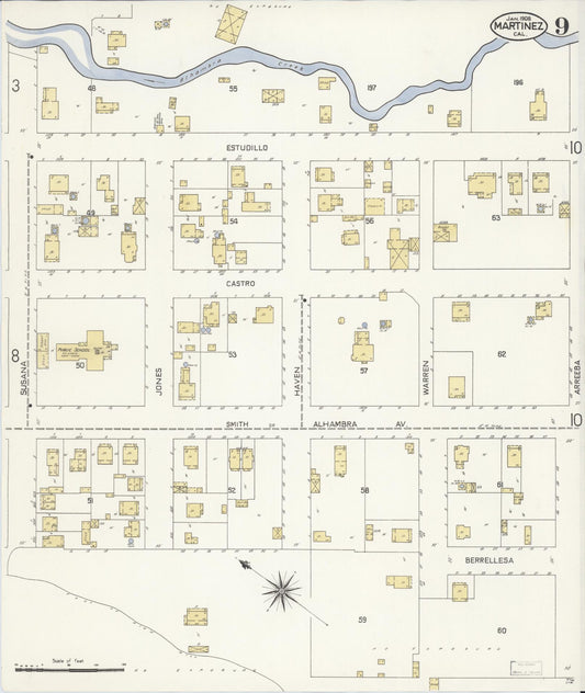 Sanborn Fire Insurance Map from Martinez, Contra Costa County, California (1908), Sheet #0009 - Historic Sanborn Fire Insurance Map Print, vintage old map wall art, antique decor, genealogy gift, California California map