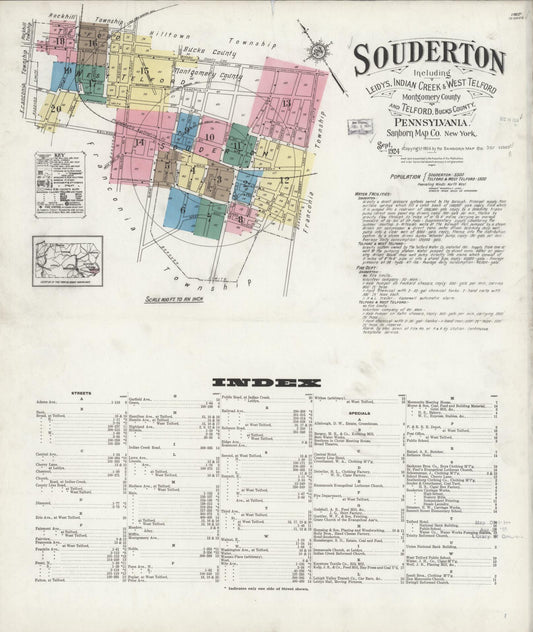 Sanborn Fire Insurance Map from Souderton, Montgomery County, Pennsylvania (1924), Sheet #0001 - Historic Sanborn Fire Insurance Map Print, vintage old map wall art, antique decor, genealogy gift, Pennsylvania Pennsylvania map
