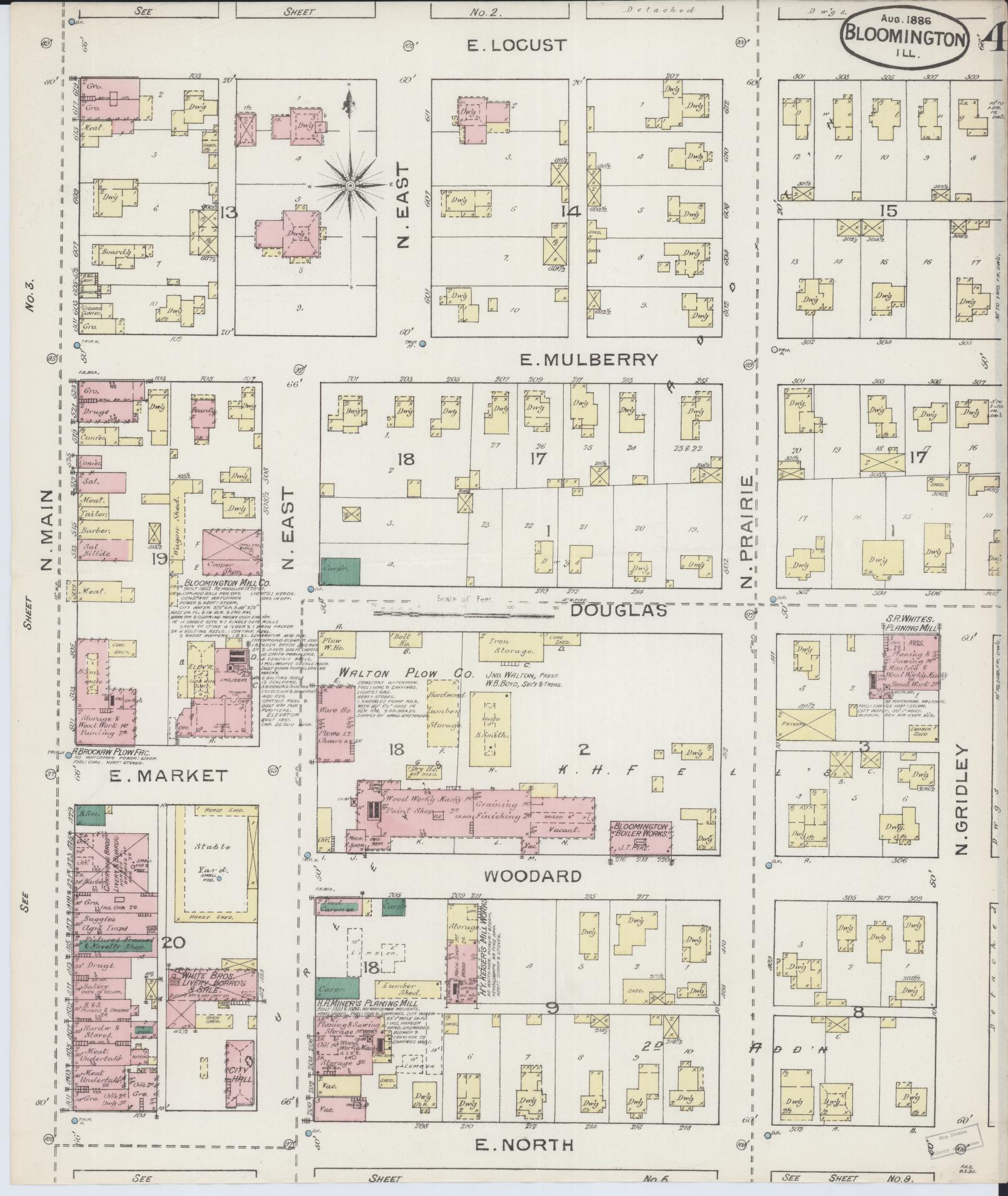 Sanborn Fire Insurance Map from Bloomington, McLean County, Illinois (1886), Sheet #0004 - Complete Map Set gallery image, historic Sanborn map, vintage wall art, Illinois Illinois