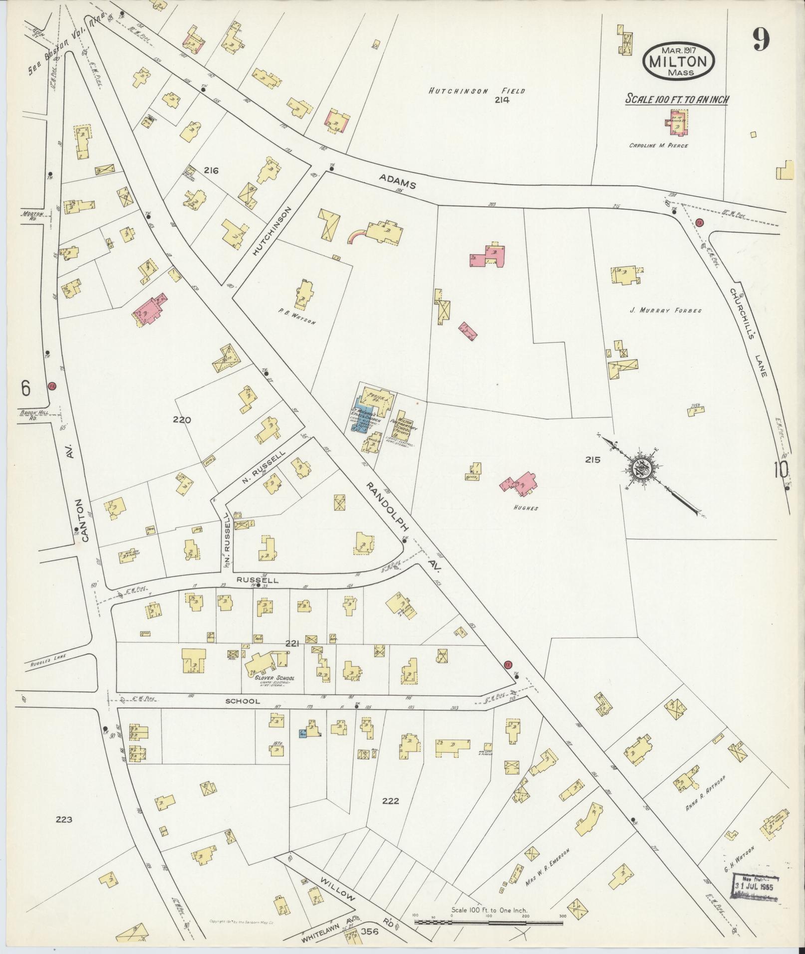 Sanborn Fire Insurance Map from Milton, Norfolk County, Massachusetts (1917), Sheet #0009 - Historic Sanborn Fire Insurance Map Print, vintage old map wall art, antique decor, genealogy gift, Massachusetts Massachusetts map