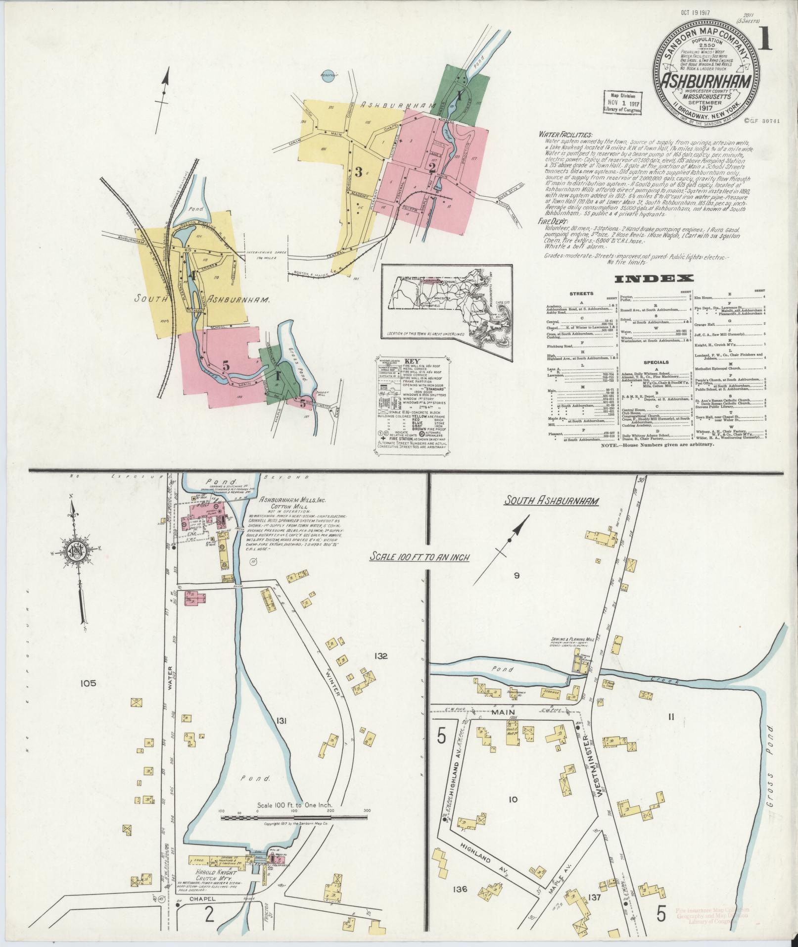 Sanborn Fire Insurance Map from Ashburnham, Worcester County, Massachusetts (1917), Sheet #0001 - Historic Sanborn Fire Insurance Map Print, vintage old map wall art, antique decor, genealogy gift, Massachusetts Massachusetts map