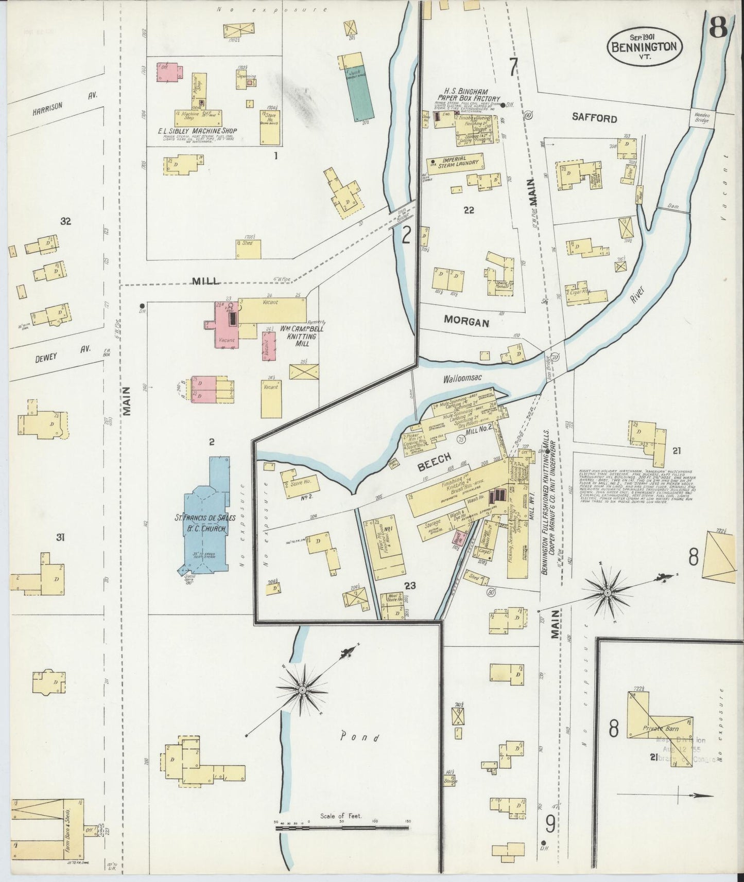 Sanborn Fire Insurance Map from Bennington, Bennington County, Vermont (1901), Sheet #0008 - Complete Map Set gallery image, historic Sanborn map, vintage wall art, Vermont Vermont