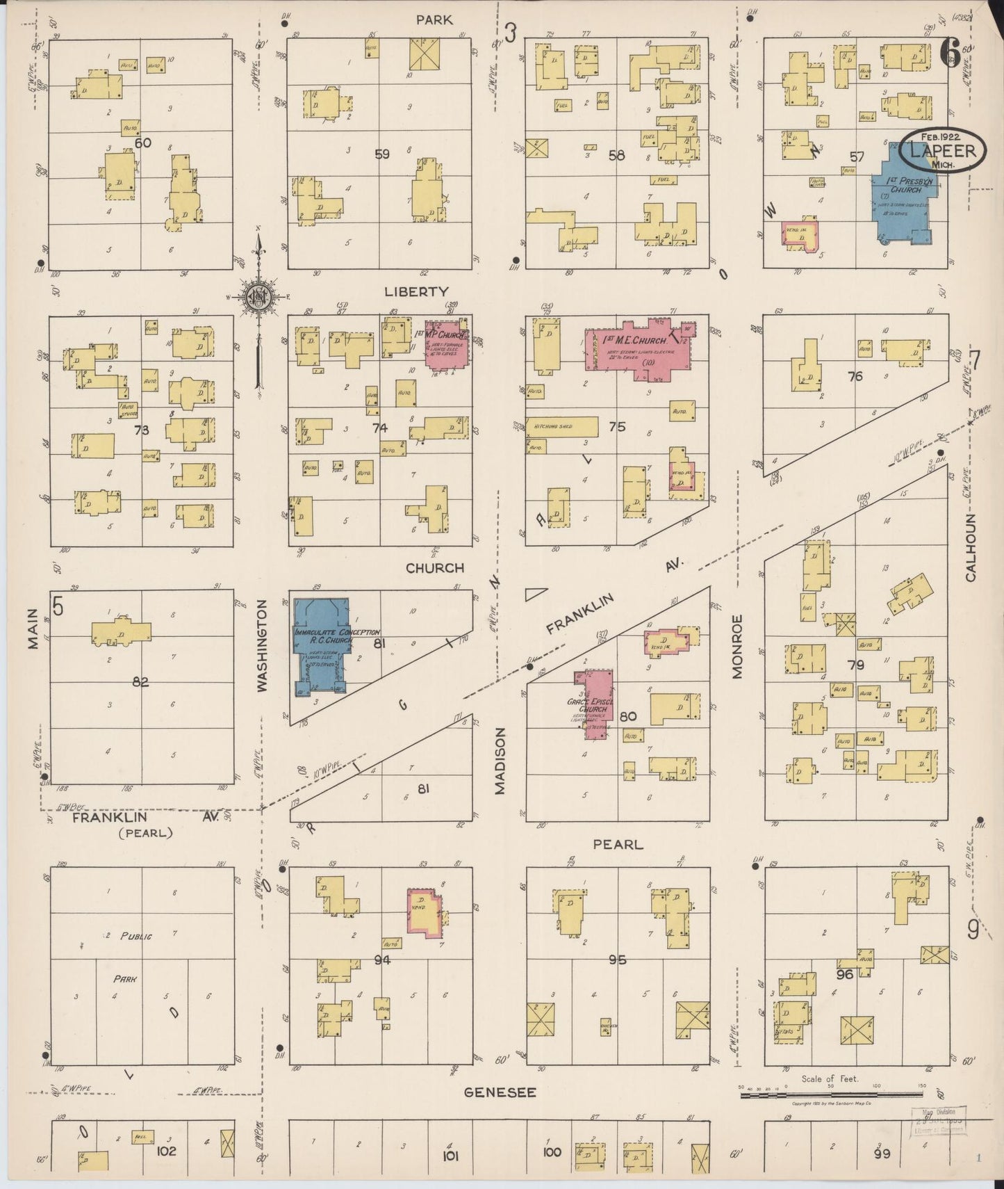 Sanborn Fire Insurance Map from Lapeer, Lapeer County, Michigan (1922), Sheet #0006 - Complete Map Set gallery image, historic Sanborn map, vintage wall art, Michigan Michigan