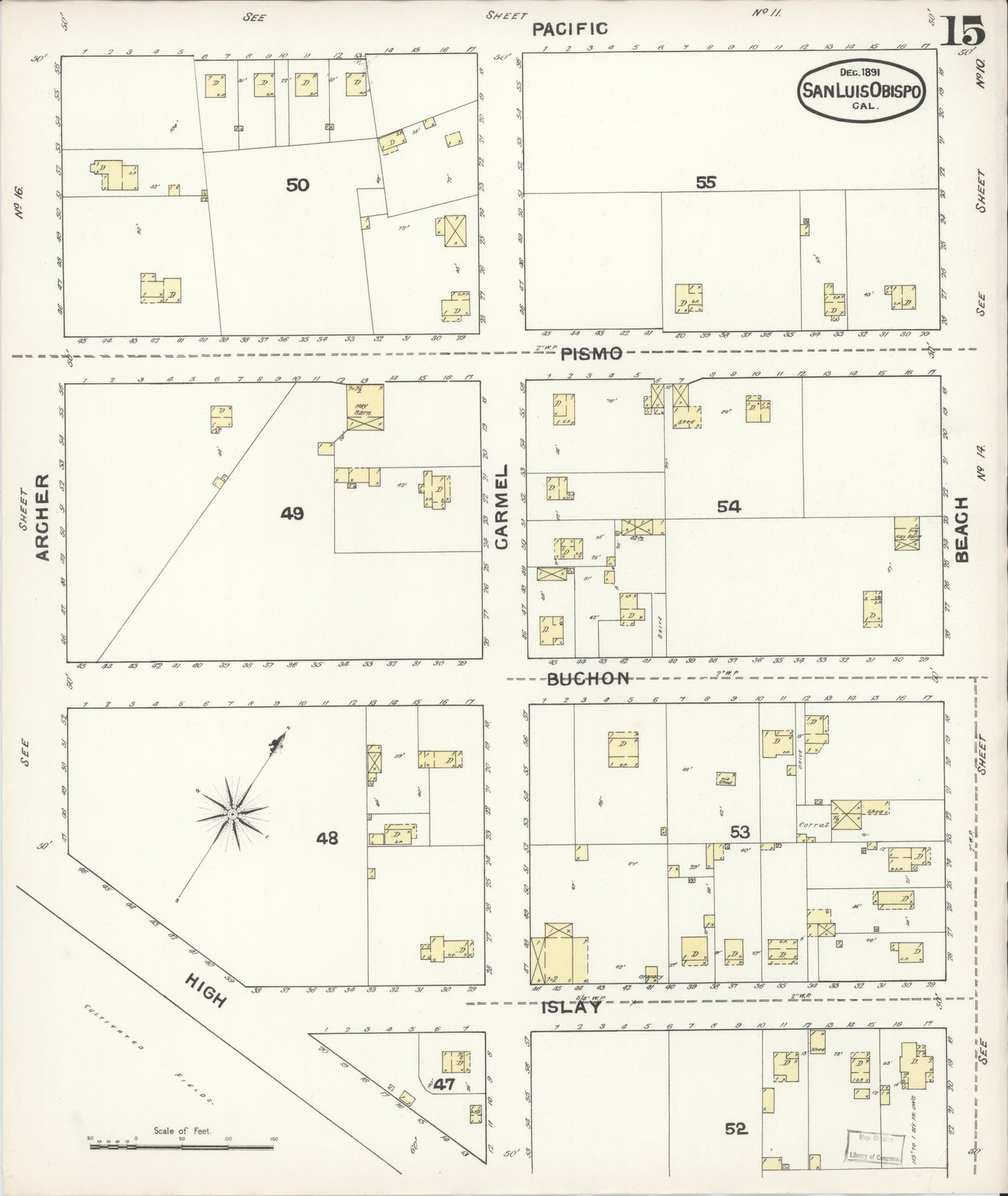 Sanborn Fire Insurance Map from San Luis Obispo, San Luis Obispo County, California (1891), Sheet #0015 - Complete Map Set gallery image, historic Sanborn map, vintage wall art, California California