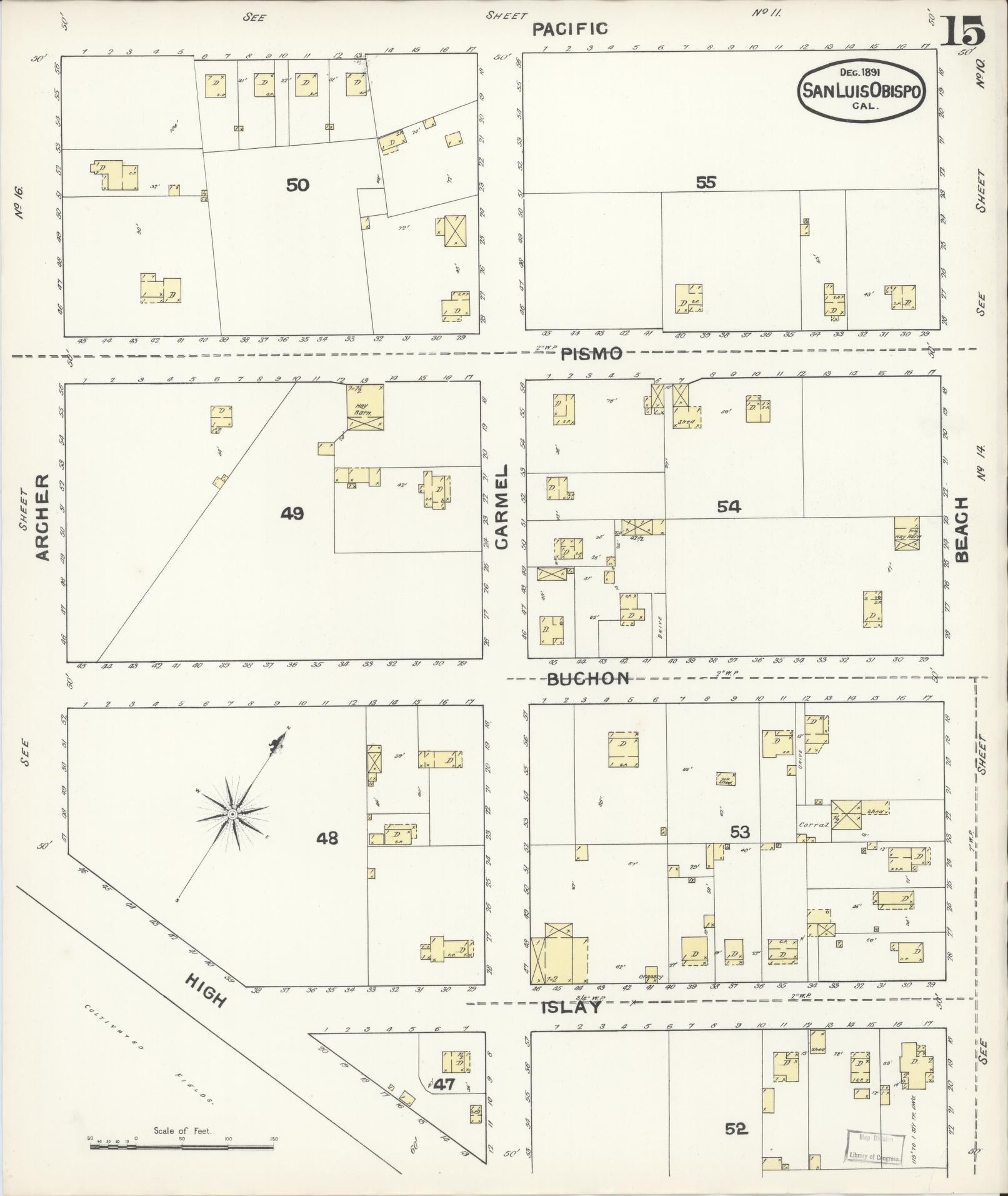 Sanborn Fire Insurance Map from San Luis Obispo, San Luis Obispo County, California (1891), Sheet #0015 - Complete Map Set gallery image, historic Sanborn map, vintage wall art, California California