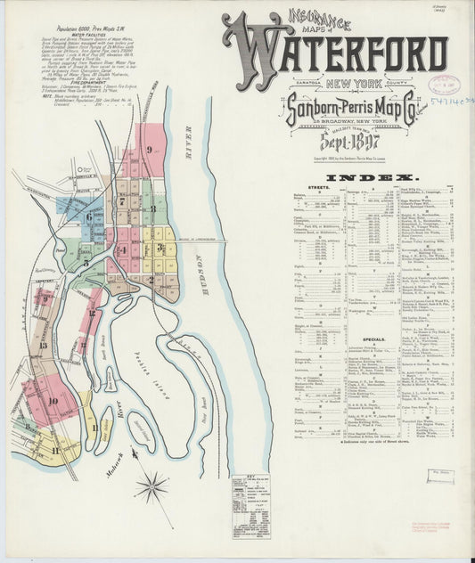 Sanborn Fire Insurance Map from Waterford, Saratoga County, New York (1897), Sheet #0001 - Historic Sanborn Fire Insurance Map Print, vintage old map wall art, antique decor, genealogy gift, New York New York map