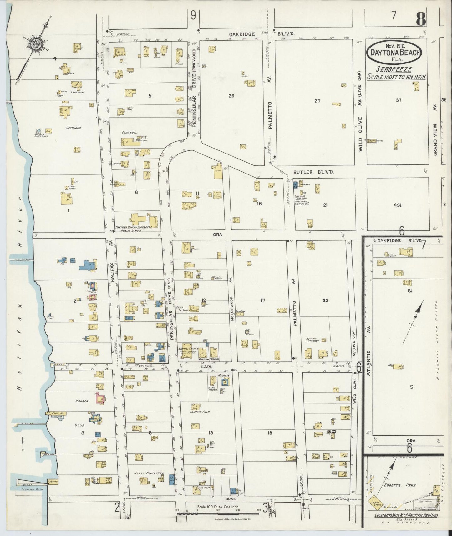 Sanborn Fire Insurance Map from Daytona Beach, Volusia County, Florida (1916), Sheet #0008 - Historic Sanborn Fire Insurance Map Print, vintage old map wall art, antique decor, genealogy gift, Florida Florida map