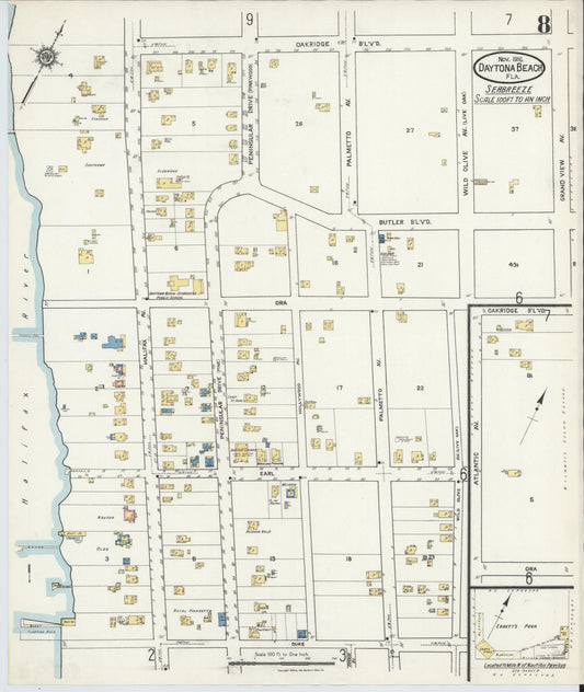 Sanborn Fire Insurance Map from Daytona Beach, Volusia County, Florida (1916), Sheet #0008 - Historic Sanborn Fire Insurance Map Print, vintage old map wall art, antique decor, genealogy gift, Florida Florida map