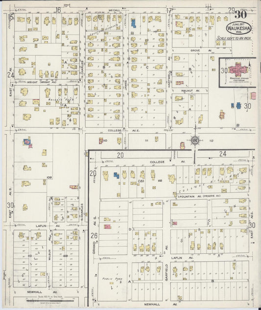 Sanborn Fire Insurance Map from Waukesha, Waukesha County, Wisconsin (1917), Sheet #0030 - Historic Sanborn Fire Insurance Map Print, vintage old map wall art, antique decor, genealogy gift, Wisconsin Wisconsin map