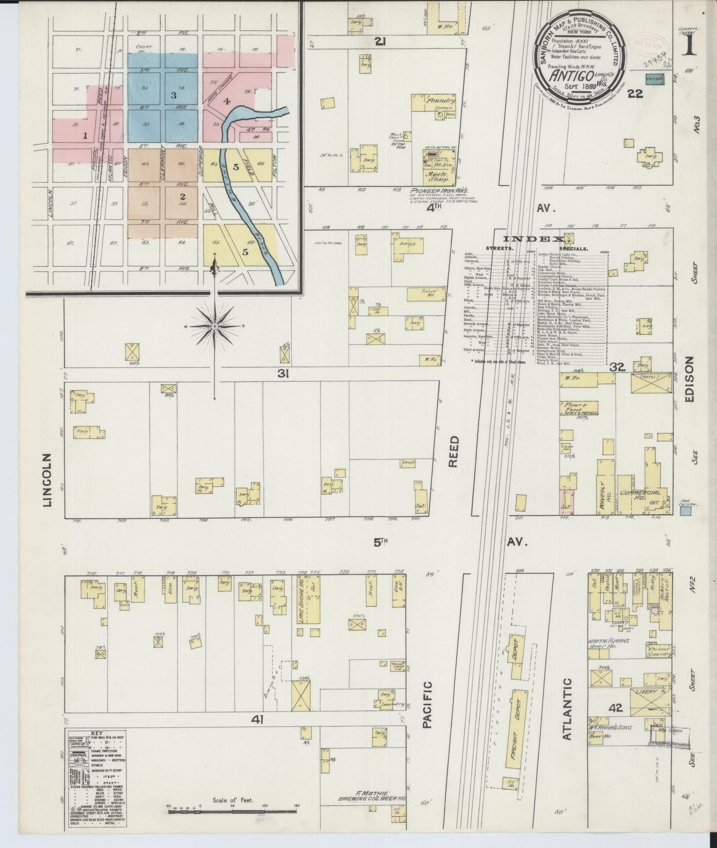 Sanborn Fire Insurance Map from Antigo, Langlade County, Wisconsin (1889), Sheet #0001 - Complete Map Set gallery image, historic Sanborn map, vintage wall art, Wisconsin Wisconsin